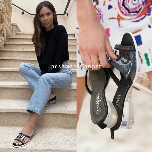 CHANEL 💯 Logo PVC Slides Sandals Mules Transparent Clear Black 37 7 Box Bag SS19 - Picture 17 of 17